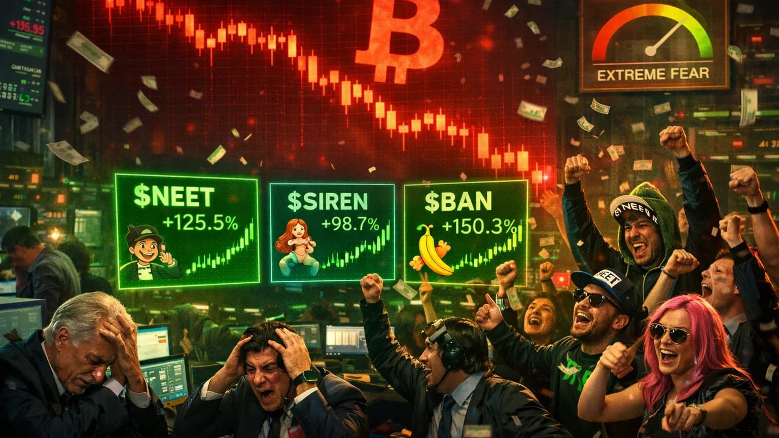 3 Meme Coins Are Pumping While Bitcoin Bleeds — And the 'Extreme Fear' Index Says That's Exactly the Point
